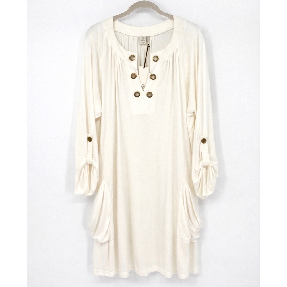 NWT Saint Tropez West Tunic Dress Sz 1X Cream Jersey Knit V-Neck Grommet Pockets